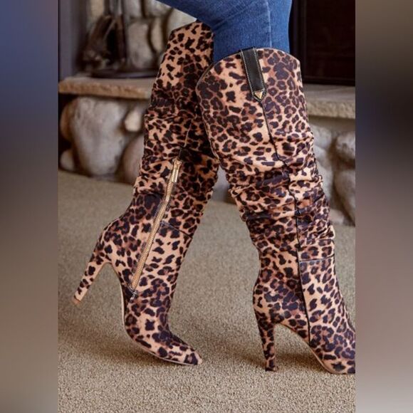 Leopard Western Heeled Boots - Picture 2 of 4